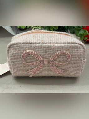 Pink Tweed Bow Cosmetic Bag - Women Bags